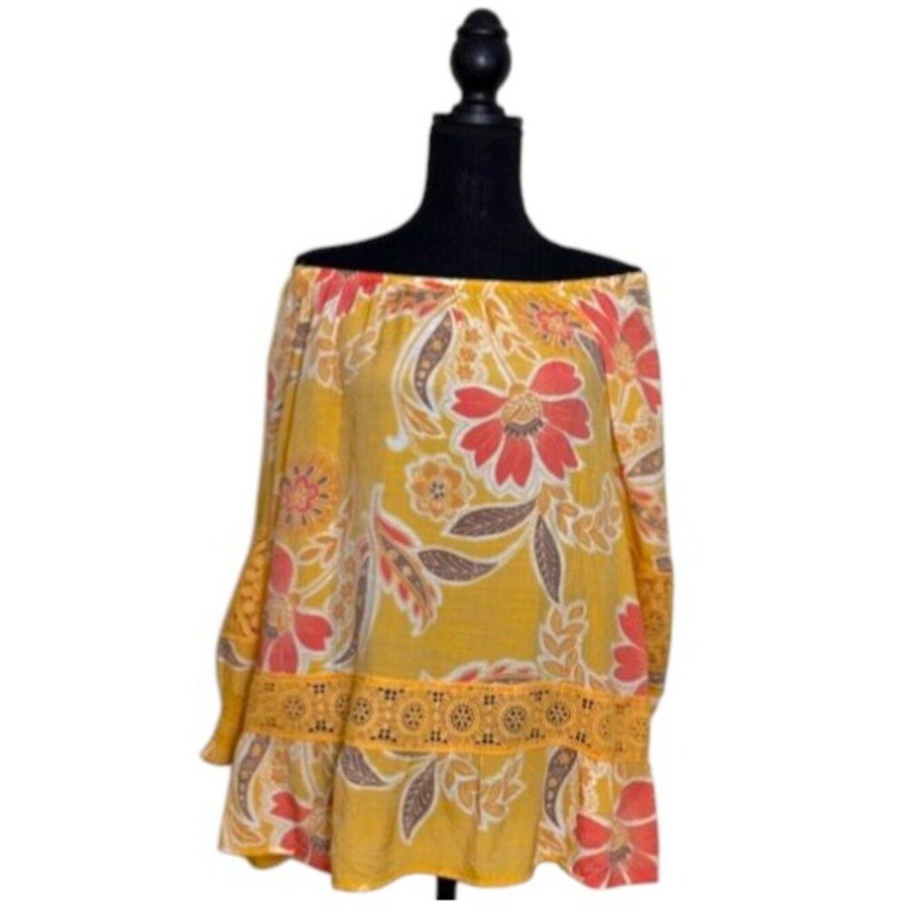 Unique Spectrum Off-Shoulder Floral Boho Top in Mustard and Coral - Size XL